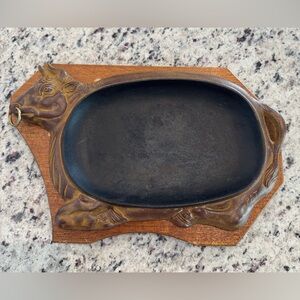 Cast Iron Bull Steak Plate, Wood Base w/ Removable Bull, Vintage